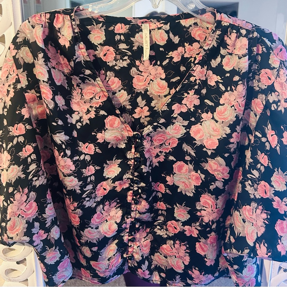 Must Have Black & Pink Floral Cropped Satiny Button Up Blouse